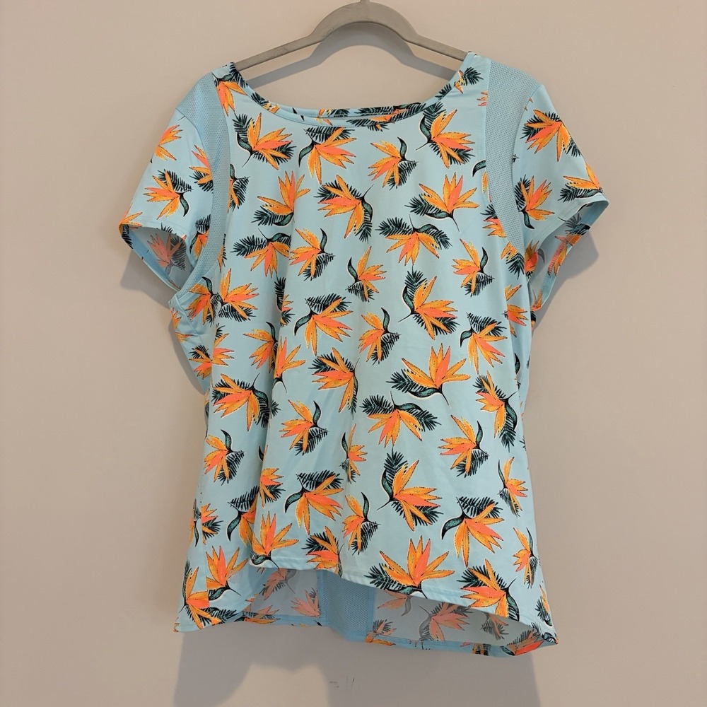 ✨ZELOS Women XL Blue Bird of Paradise Floral Print Activewear New Top Stretch